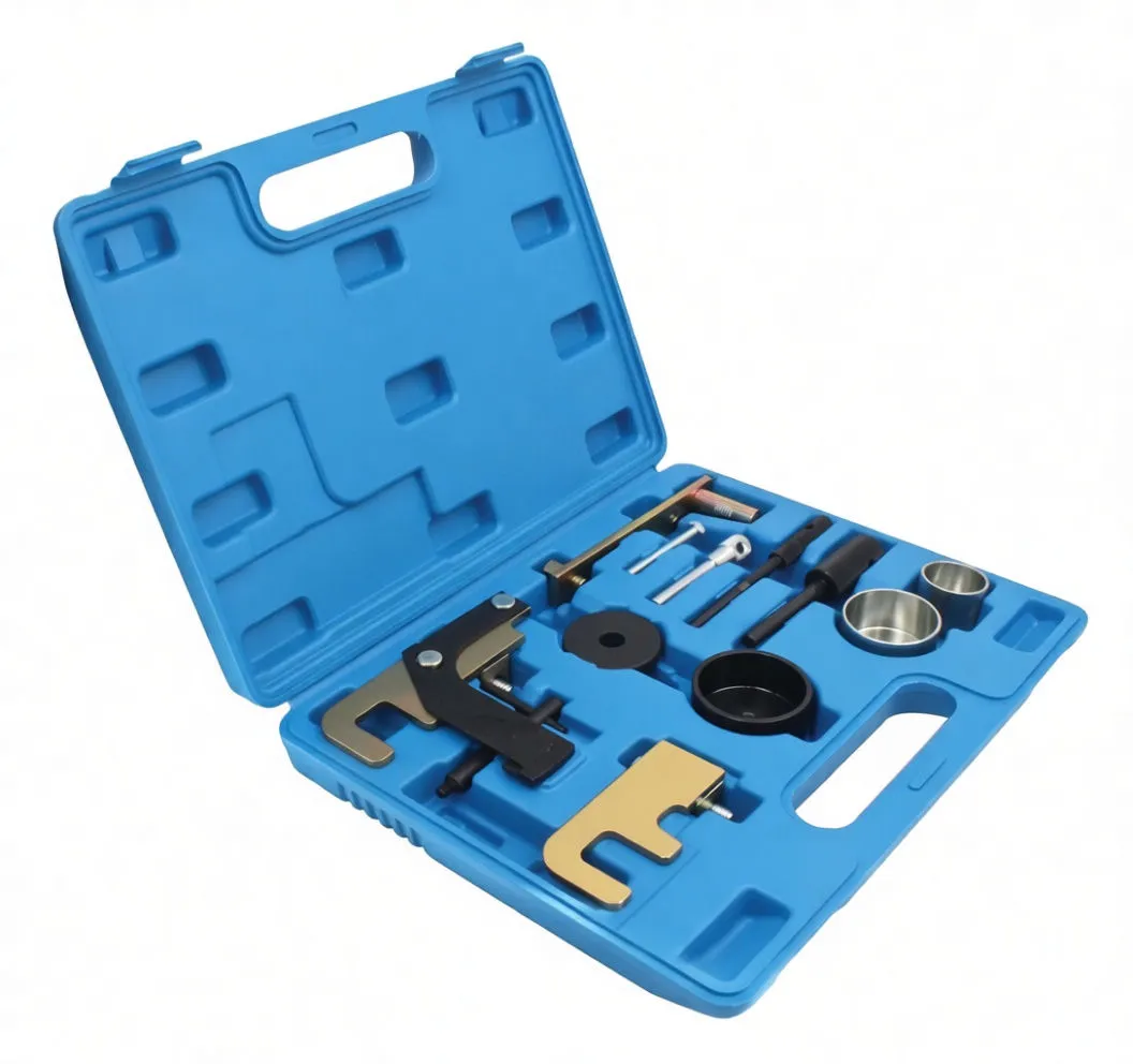 Angled view of blue tool case open to reveal vehicle engine locking brackets, metal cups, pins and a yellow label on the lid.