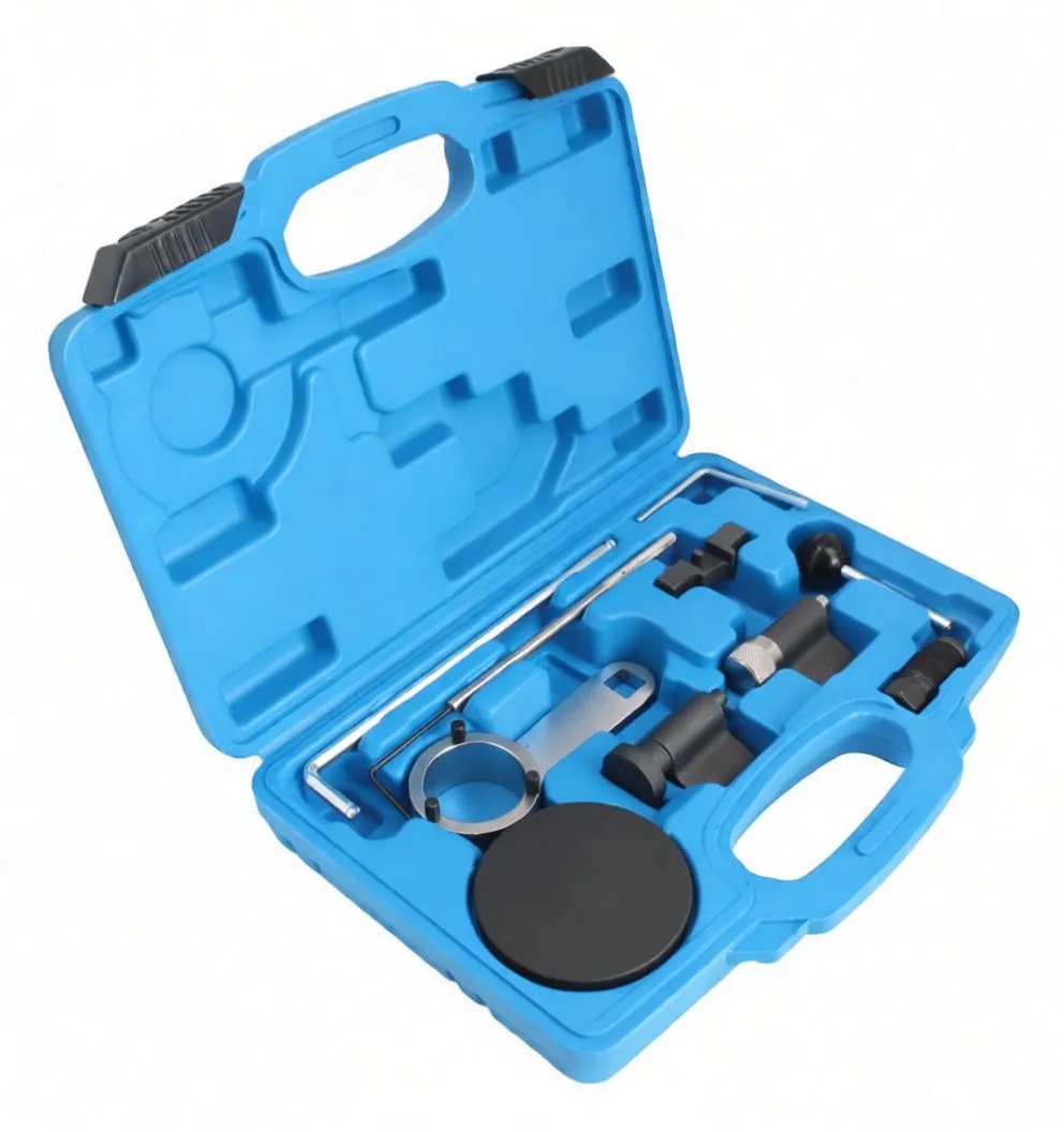 Angled shot of blue tool case with timing/locking tools arranged inside, including black disc and metal wrenches
