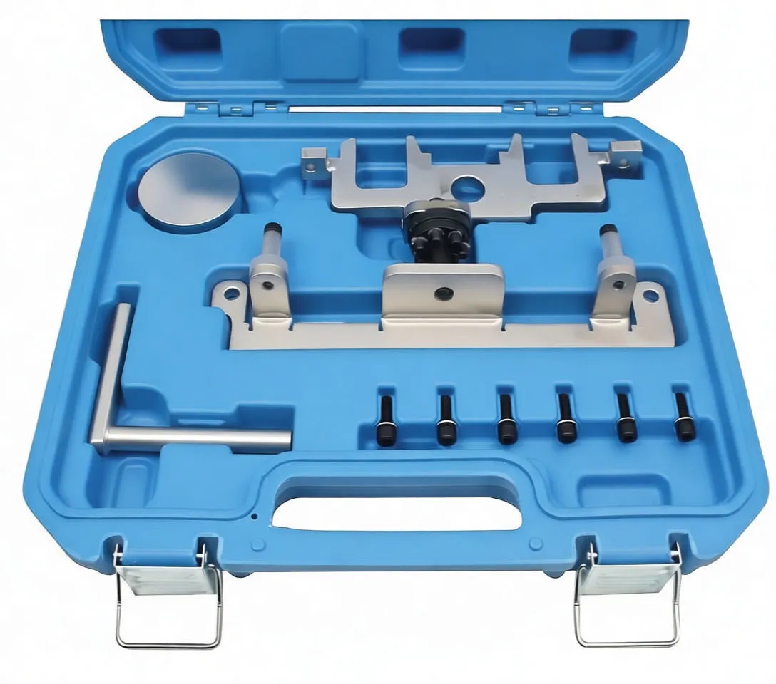 Front view of open blue case showing timing lock plates, cam adapter, alignment bar and six bolts