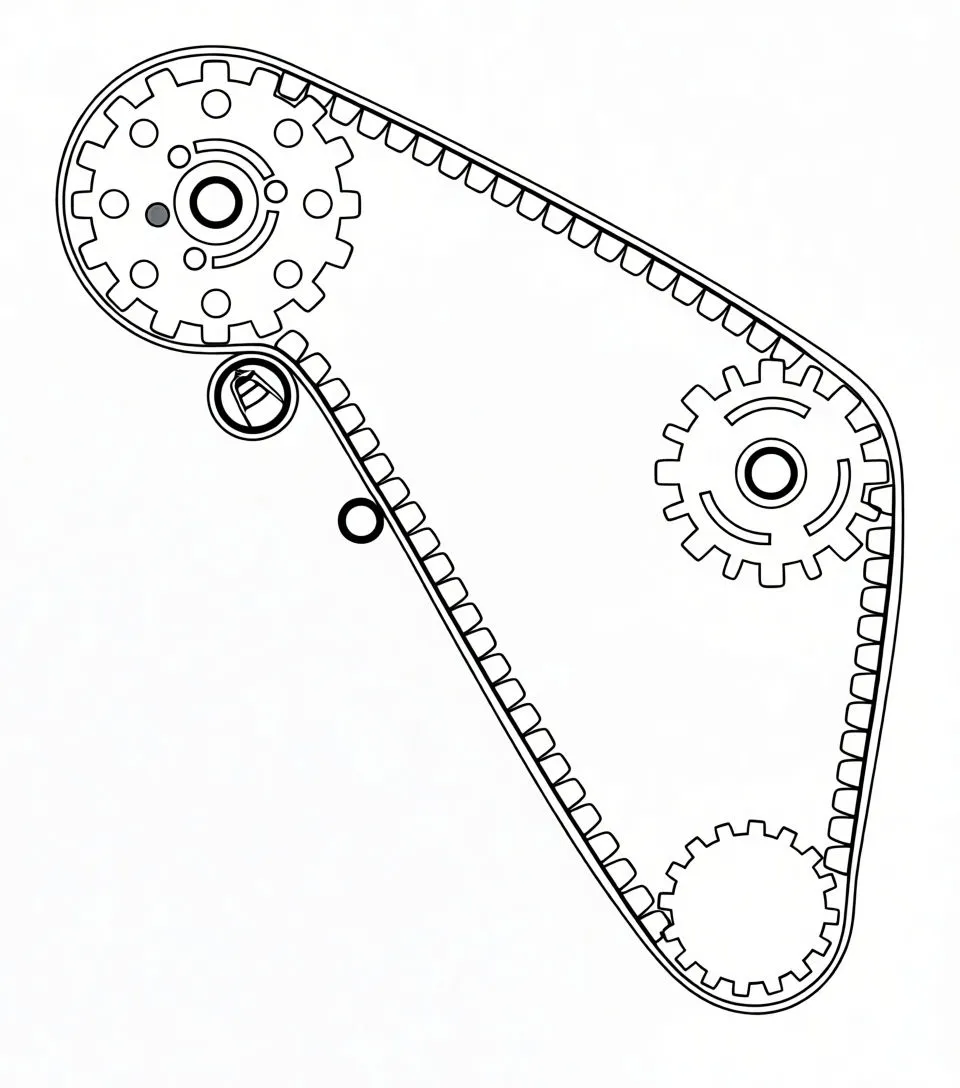 Schematic drawing of a timing belt loop with three sprockets and a blue marker showing the tool engaging the lower gear