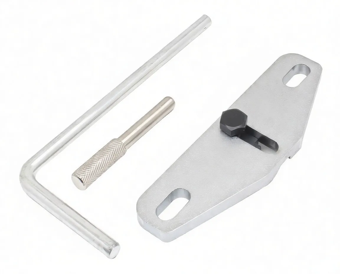 Angled view of alignment plate stamped 'satra S-F502D', L-shaped rod and knurled pin from timing tool kit.