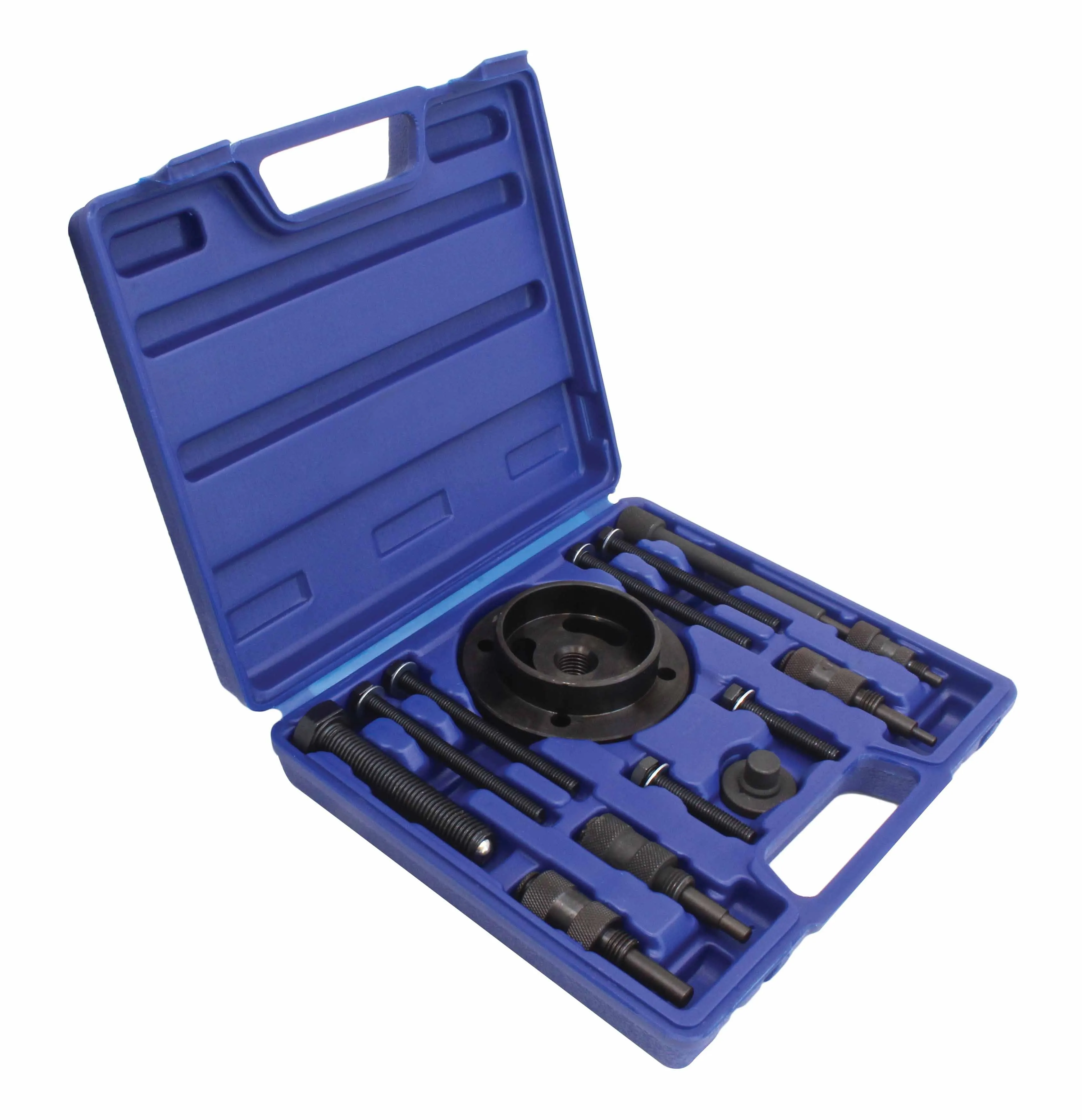 Angled perspective of blue case with timing kit showing circular adapter, long bolts and knurled extractors