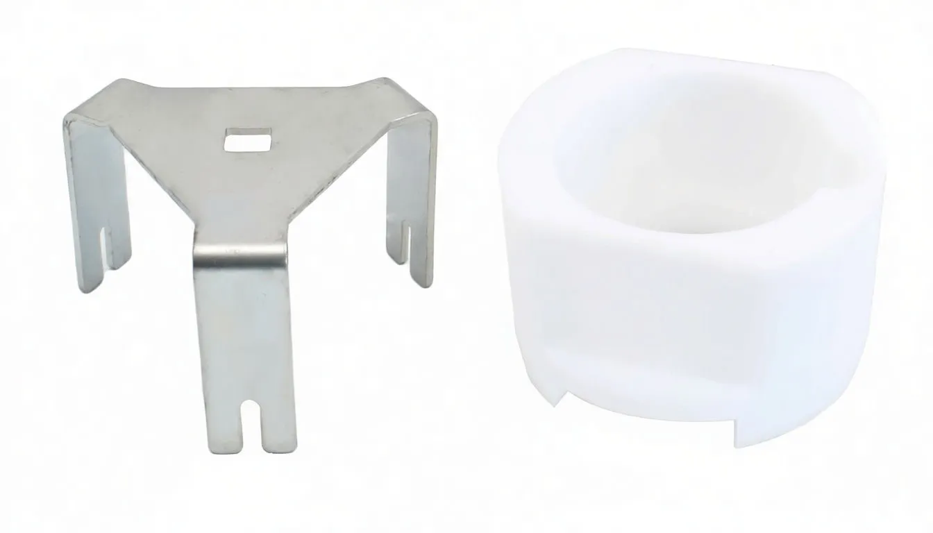 Close-up of metal bracket stamped ASTA A-62234 beside white plastic filter cup with notches