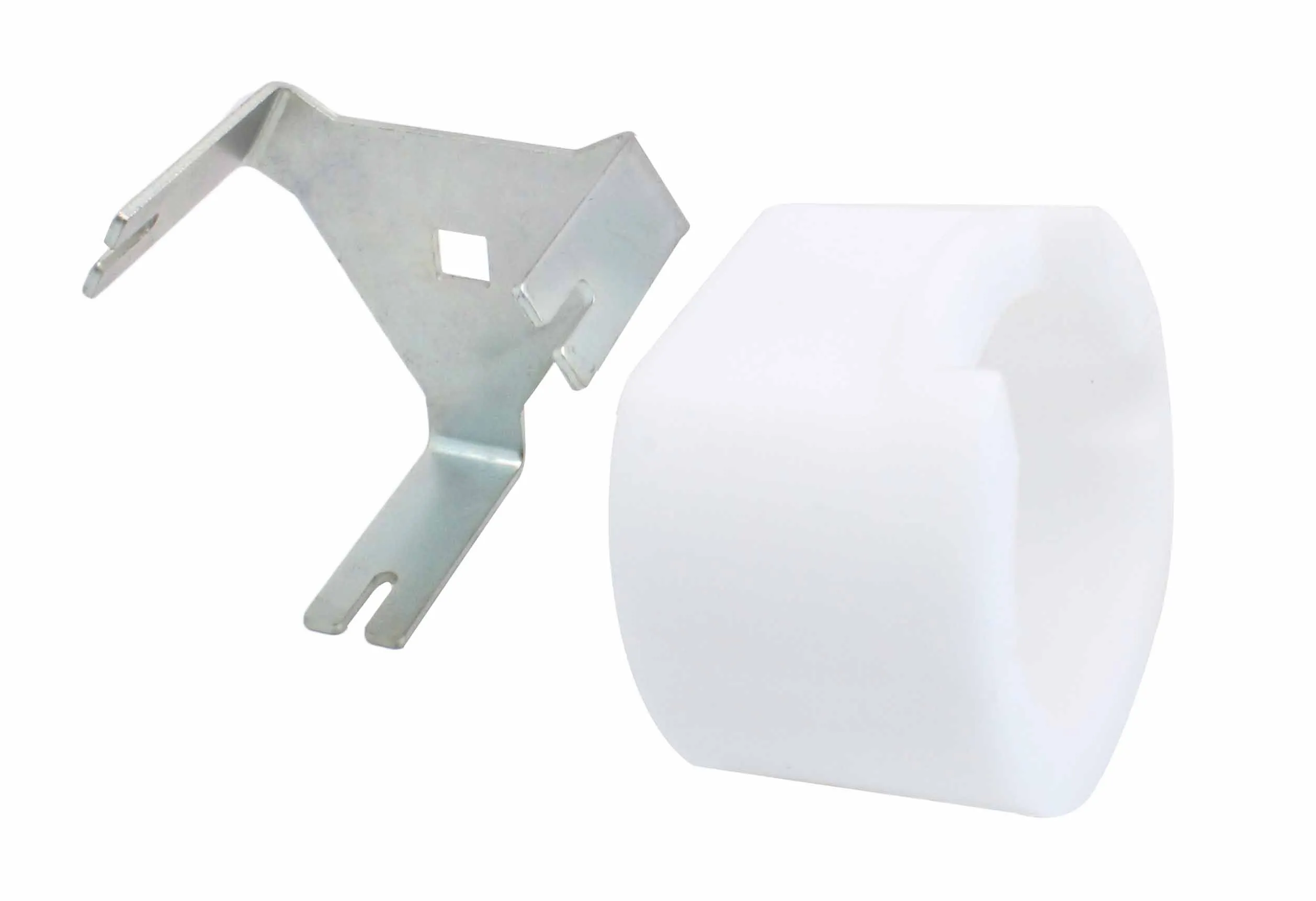 Angled view of zinc‑plated three‑prong bracket and semi‑opaque white plastic removal socket