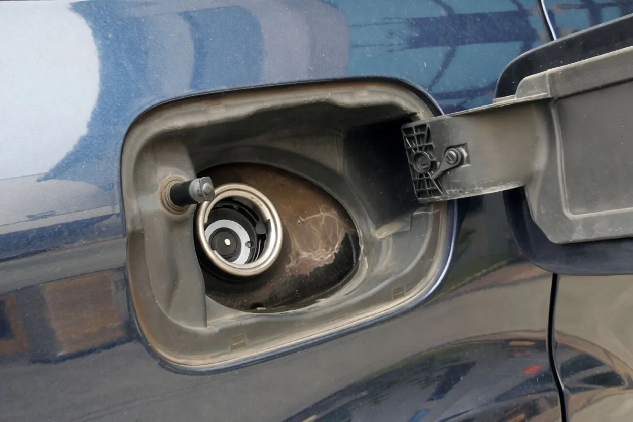 Plastic funnel inserted into a car fuel filler neck inside an open fuel door; 'DIESEL' sticker visible.