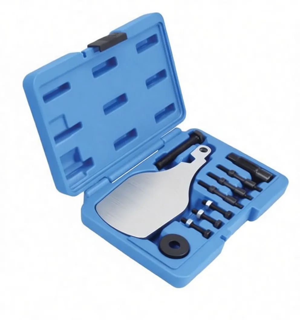 Angled view of open blue case with silver ASTA A-P20IP plate, black central bushing, rows of black studs and adapters, and a long threaded bolt.