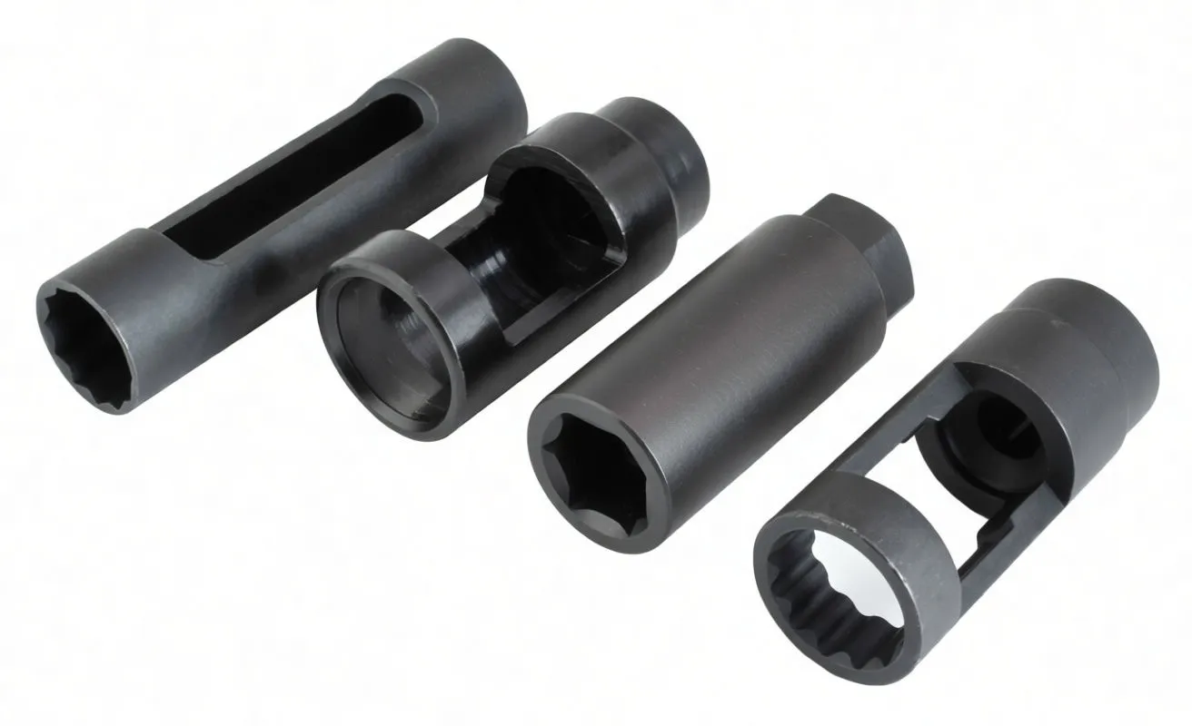 Four black tubular diesel injector sockets on white background showing internal splines, side cutouts and stamped markings