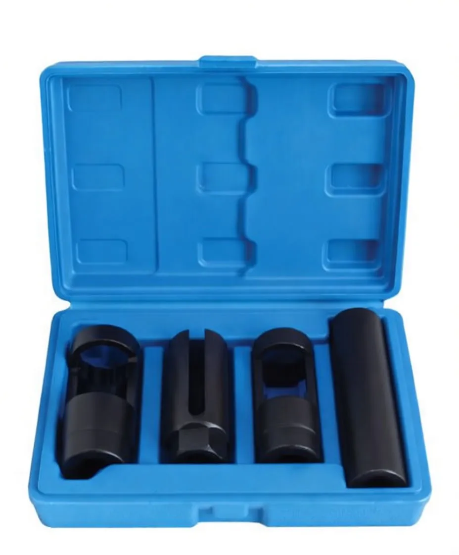 Perspective of blue plastic case with four black diesel injector sockets in molded compartments