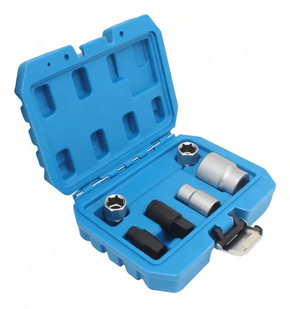 Perspective view of blue case with injection cap sockets and extension inside, silver and black tool finishes visible