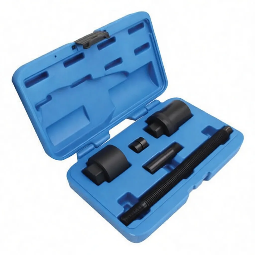 Oblique view of blue case open showing ASTA injector removal sockets, coupling and long threaded extractor rod.