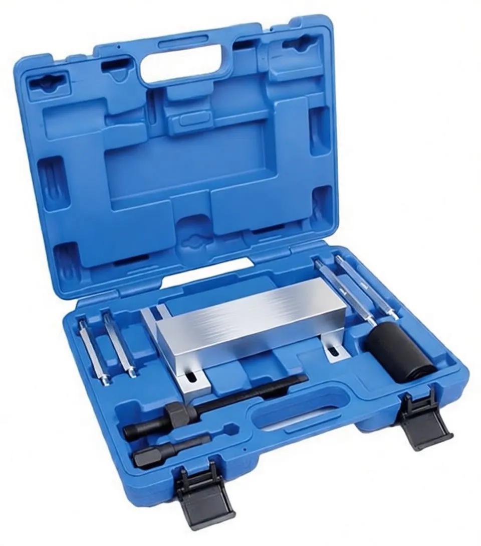 Angled view of blue case with BMW injector puller bridge, rods and black extractor tools