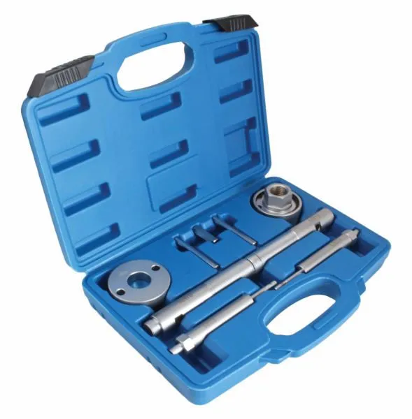 Angled view of blue tool case showing diesel injector puller rods, flange, nut adapter and small clamp brackets.