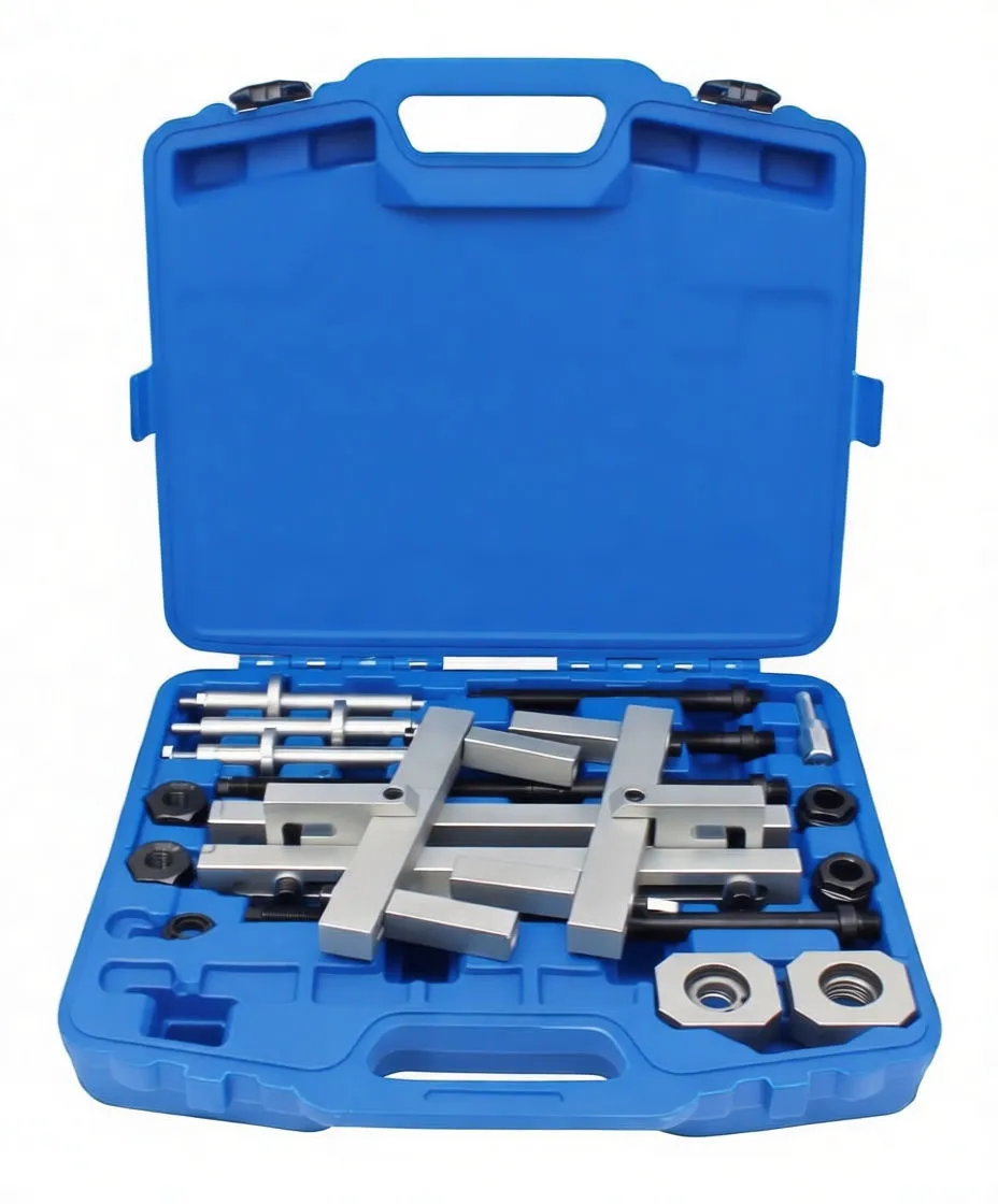 Close-up of injector puller kit showing silver cross-bars, black threaded bolts, hex adapters and stamped small metal plates.