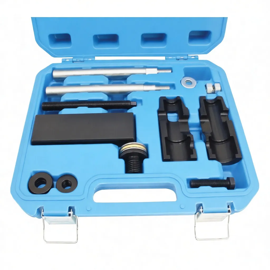 Close overhead shot of injector puller kit in blue case showing rods, puller block, collars and clamp jaws
