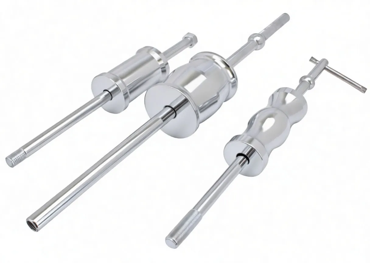 Three polished chrome slide-hammers with different weight shapes and threaded rods, one with a T-handle