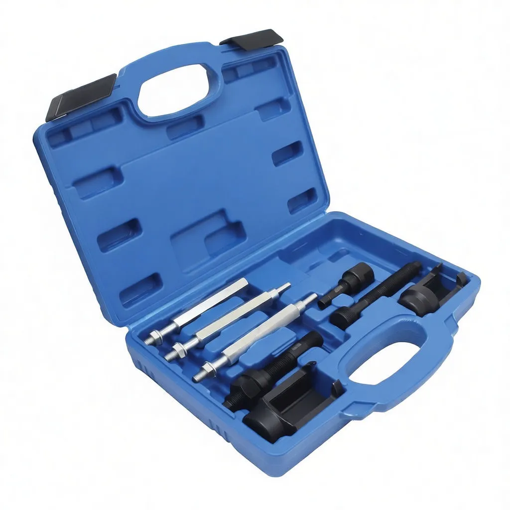 Angled shot of blue case with triangular puller plate, three threaded rods, black adapters and yellow label