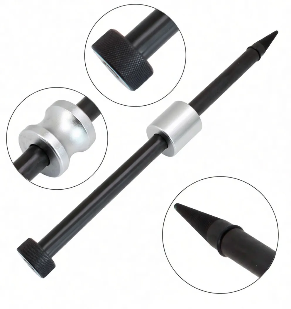 Full-length diesel injector seal puller on white background with silver stamped collar, knurled end cap and tapered ridged tip