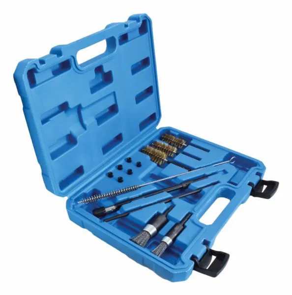 Perspective view of open blue tool case with injector seat cleaning brushes, rods, brass brushes and small black fittings