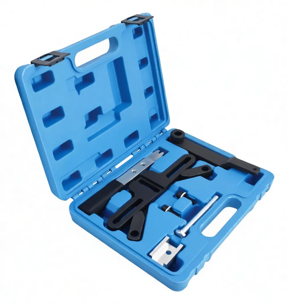 Angled view of open blue tool case with slotted black brackets, long lever, silver handle and small components, plus a yellow instruction sticker in the lid.