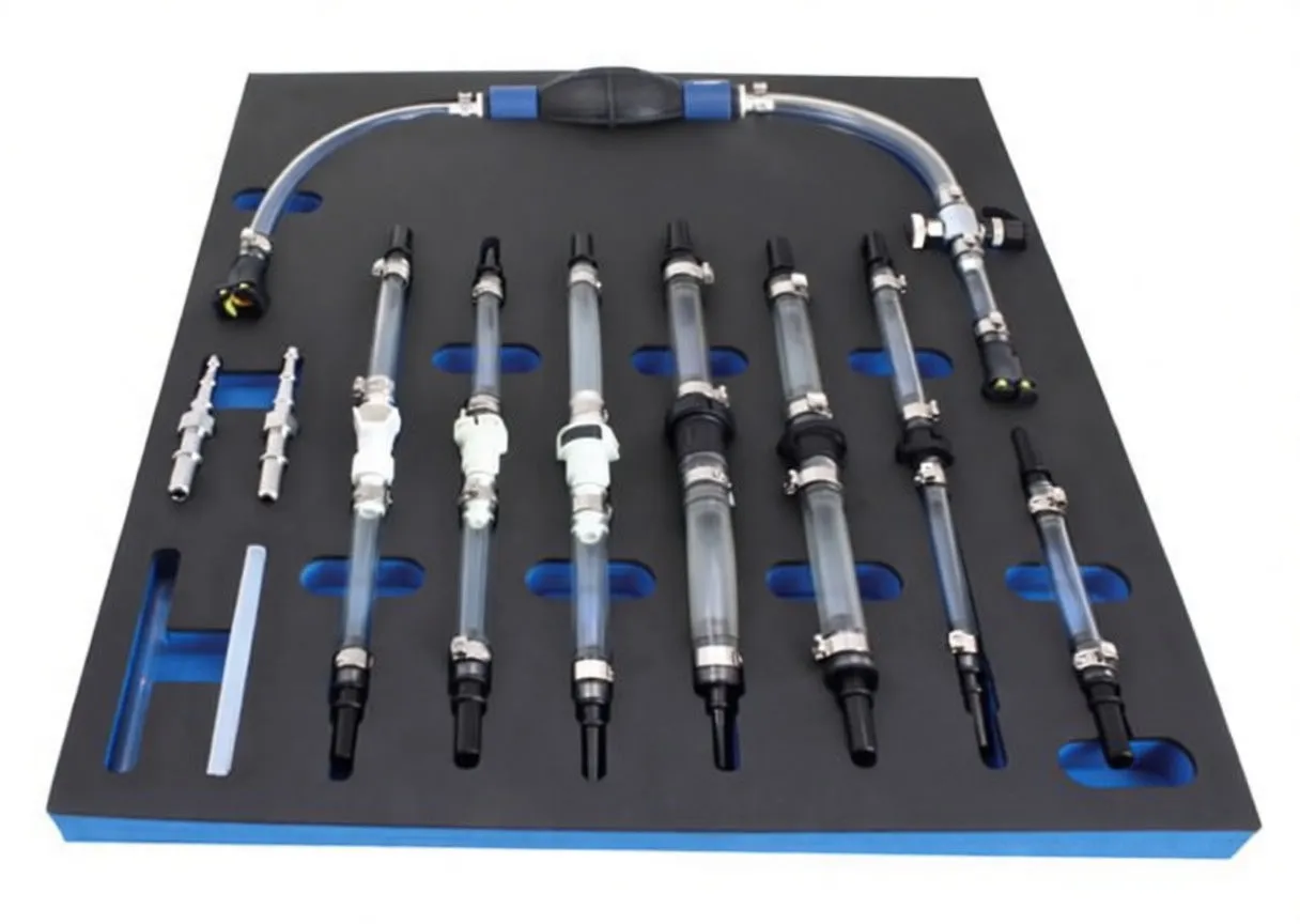 Full diesel priming and bleeding kit laid out in foam tray showing hoses, rubber priming bulb, adapter tubes, valves, metal fittings and clamps
