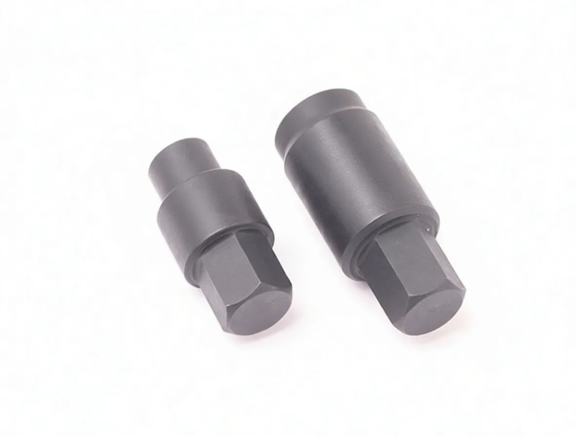 Overhead view of two black ASTA-marked removal sockets showing hex drive faces, cylindrical bodies and printed model marking.