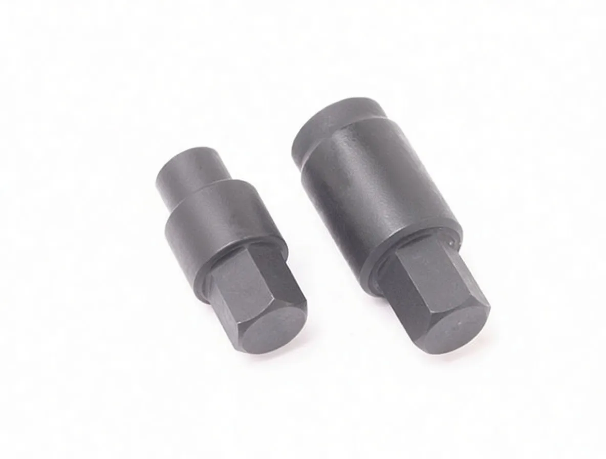 Angled view of two black ASTA A-D12B sockets, hexagon drives and recessed ends visible, matte black finish.