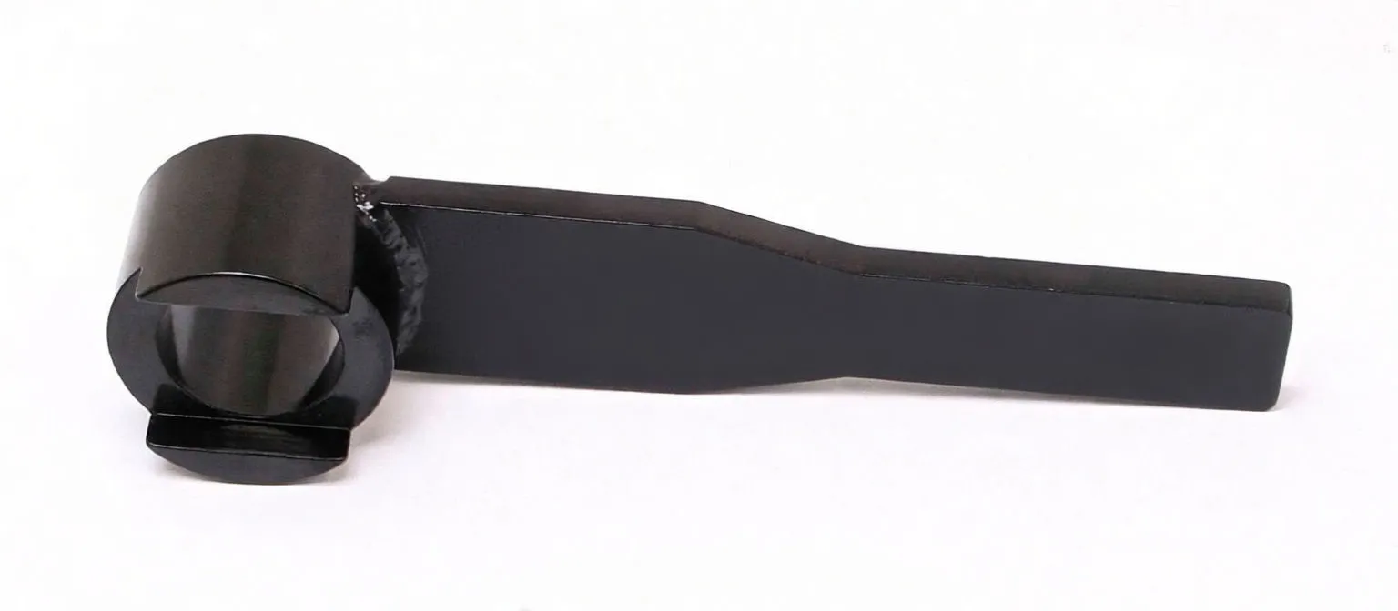 Black painted steel lever with circular collar at one end and rectangular cutout at the other