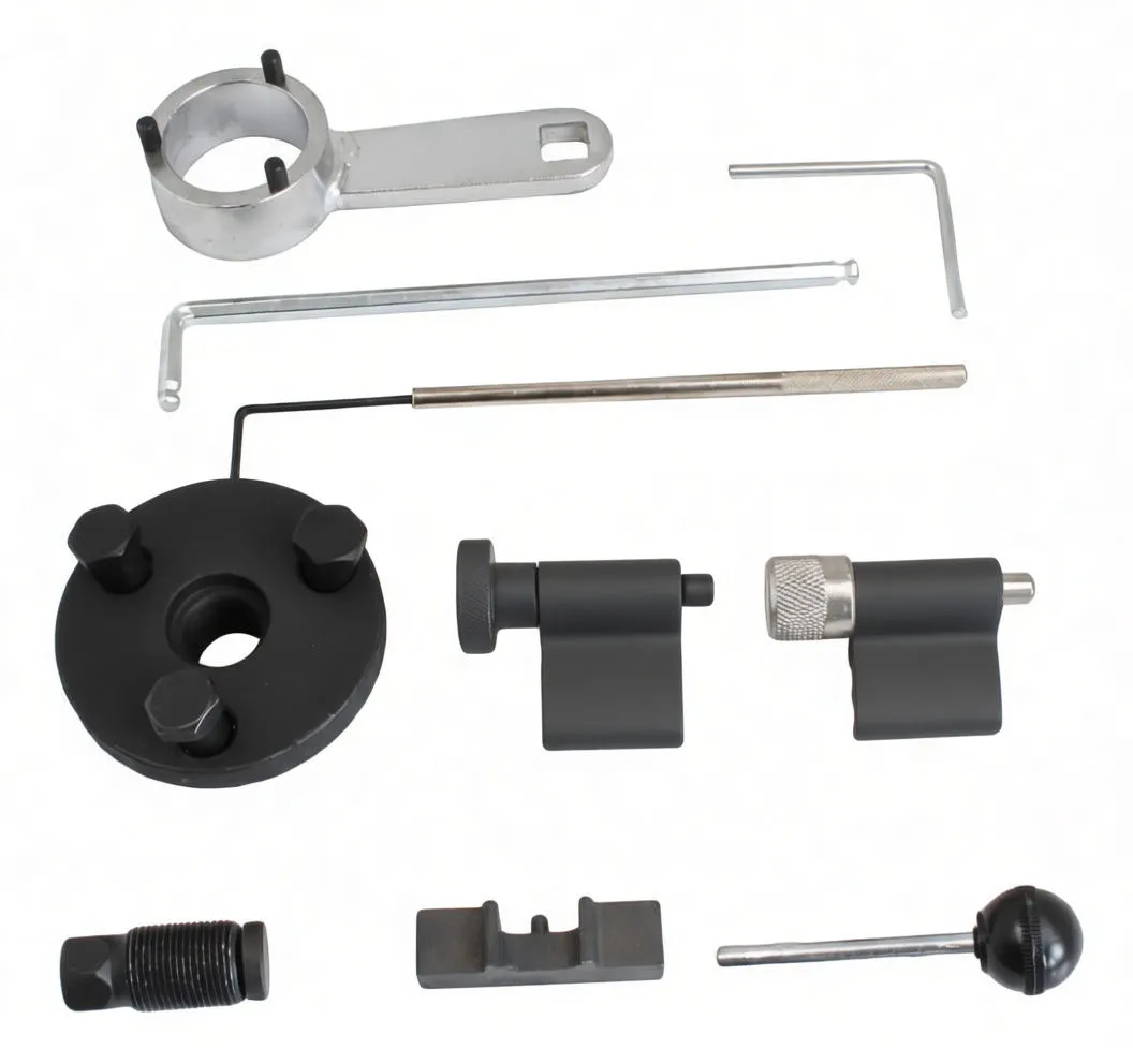 Individual locking tool components laid out: circular spanner, round locking plate, rods, clamps, threaded pin and T-handle