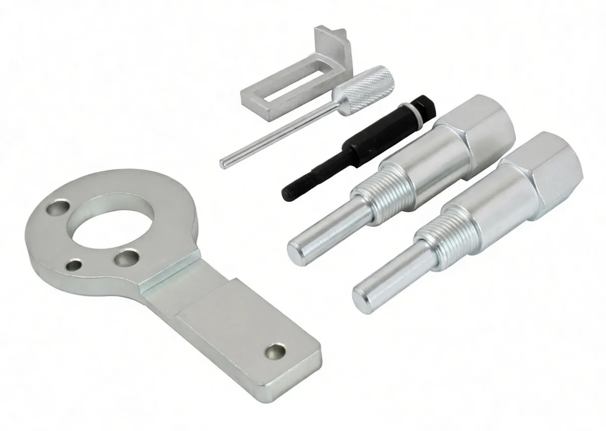 Individual silver locking tool components on white background: ring plate, two threaded pins, rectangular block, knurled pin and black screw