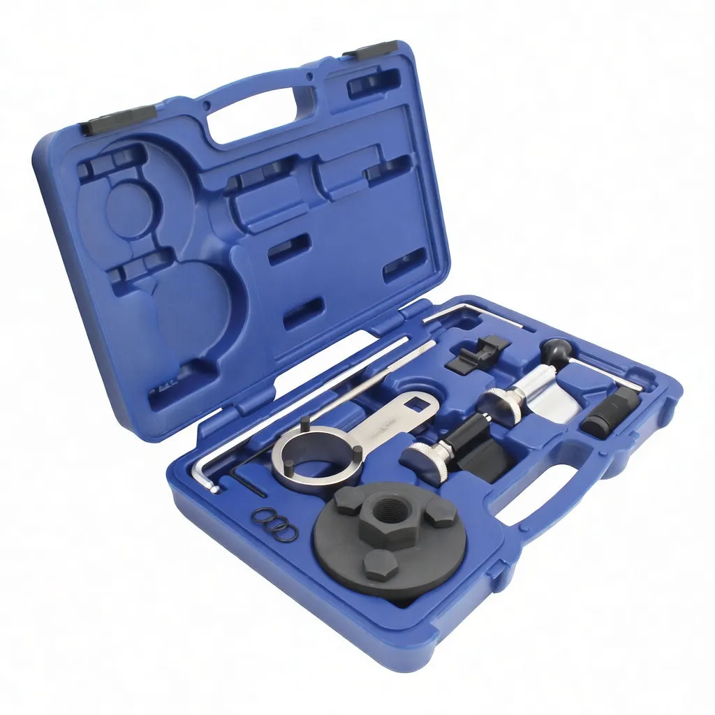 Angled view of blue tool case with timing/locking tools and yellow instruction label