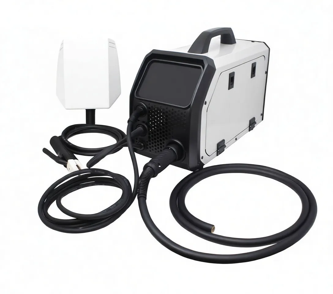 Accessories for MIG welder laid out: welding helmet, ground clamp, clear gas hose, MIG torch, electrode holder and cleaning brush.