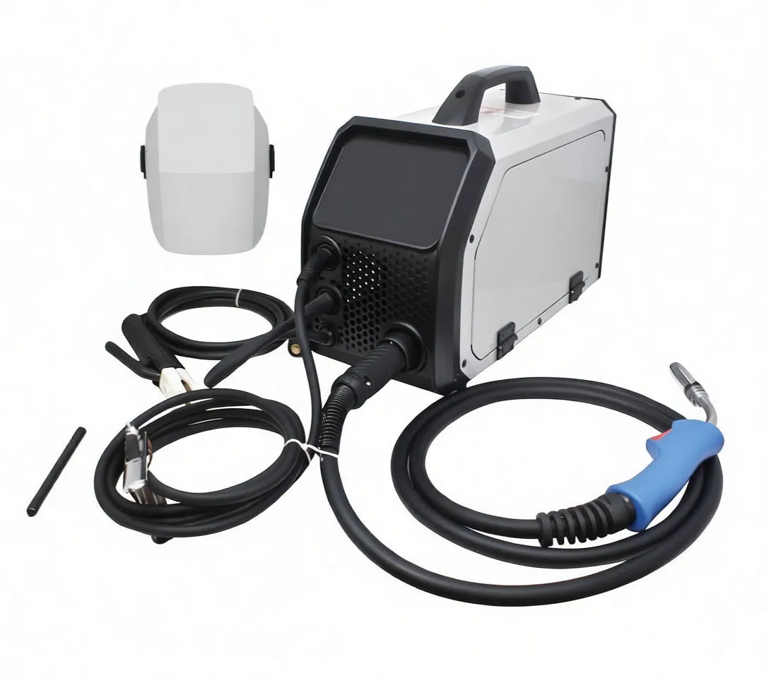 Complete saTra MIG welding kit with machine, control panel, MIG torch, ground clamp, gas hose, helmet and brush.