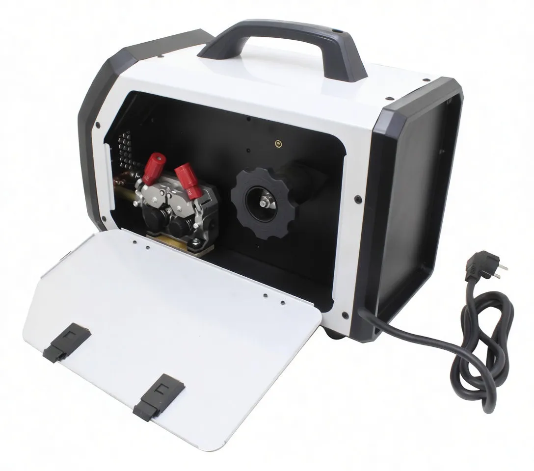 Open side compartment of welder showing wire feed rollers, motor assembly and spool tension knob.