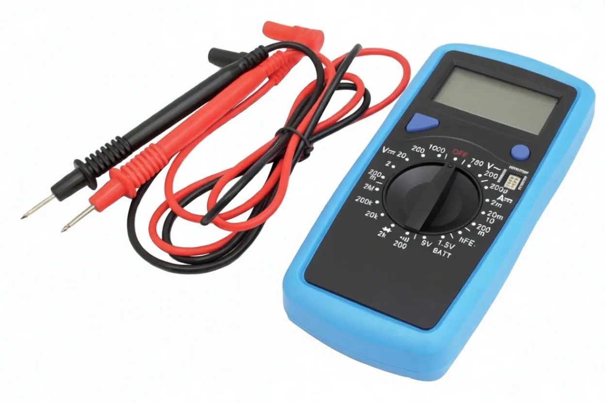 Back of blue multimeter showing battery compartment, warning text, QC passed stamp and screw holes