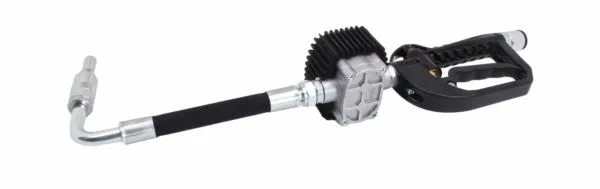 Low-angle photo of an oil control nozzle showing meter underside, handle and long metal spout