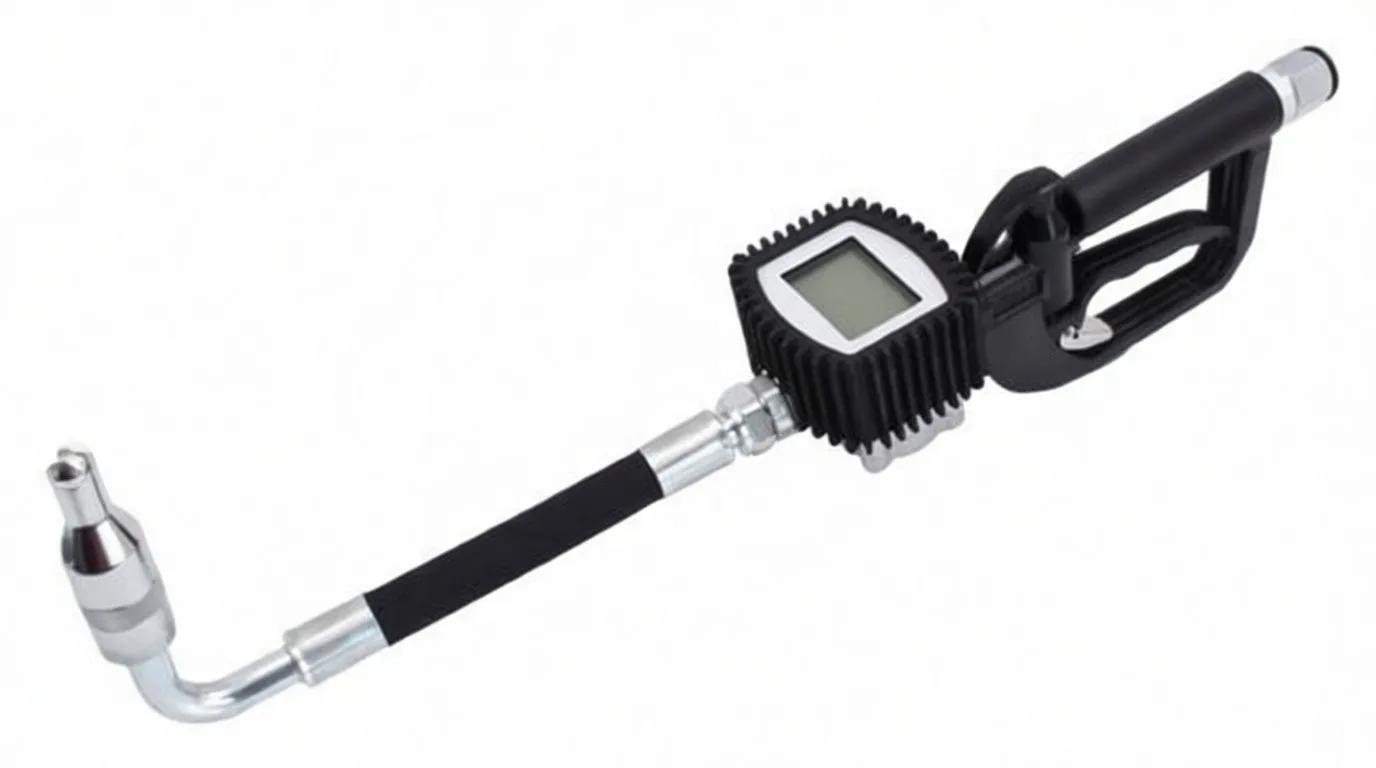 Oblique view of a fuel nozzle with finned digital meter, handle, flexible hose and chrome spout
