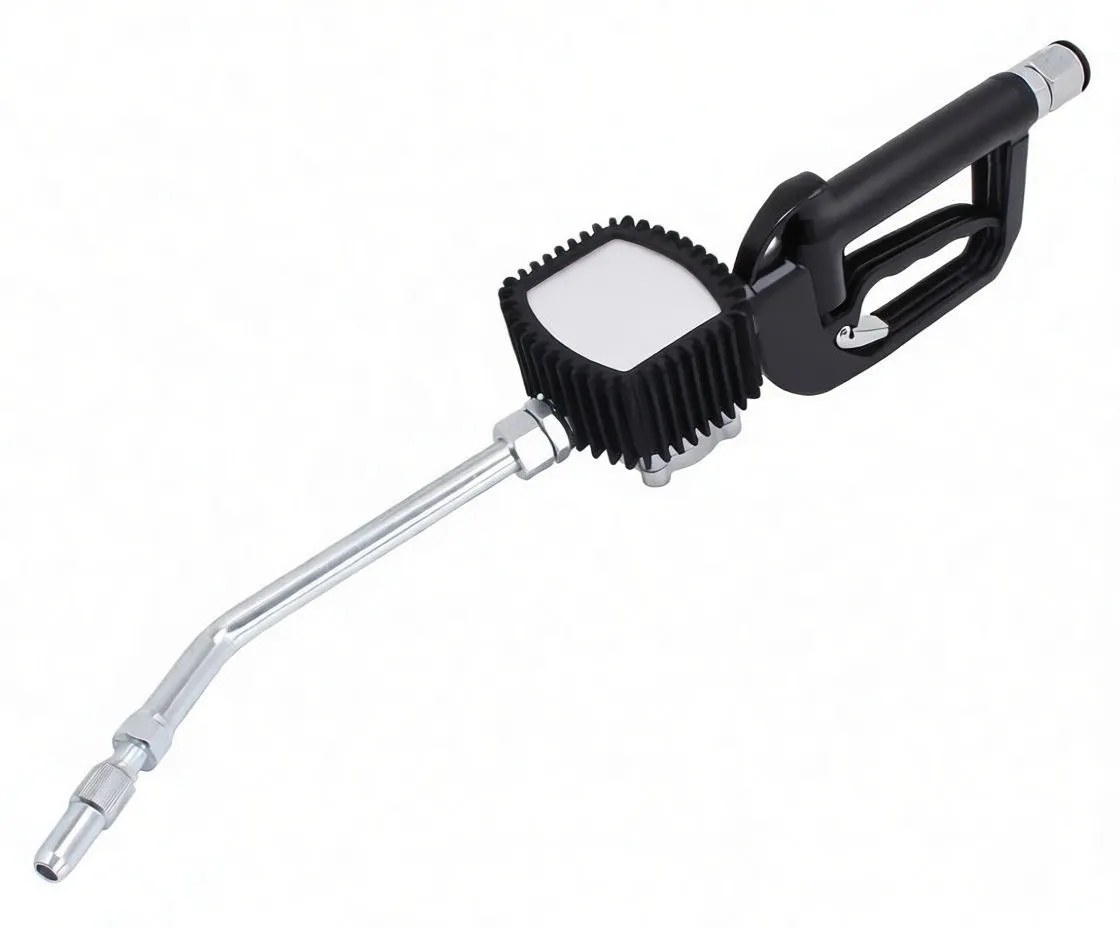 Side view showing meter-to-handle connection with cast metal pump housing, screws, hex fittings, ribbed rubber meter boot and pistol grip.