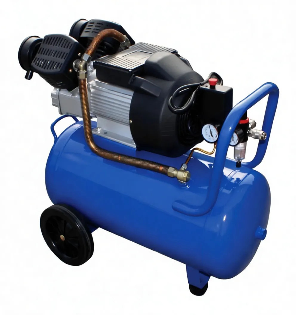 Side view of SaTra 50L compressor showing tank text, motor, copper hose and wheel