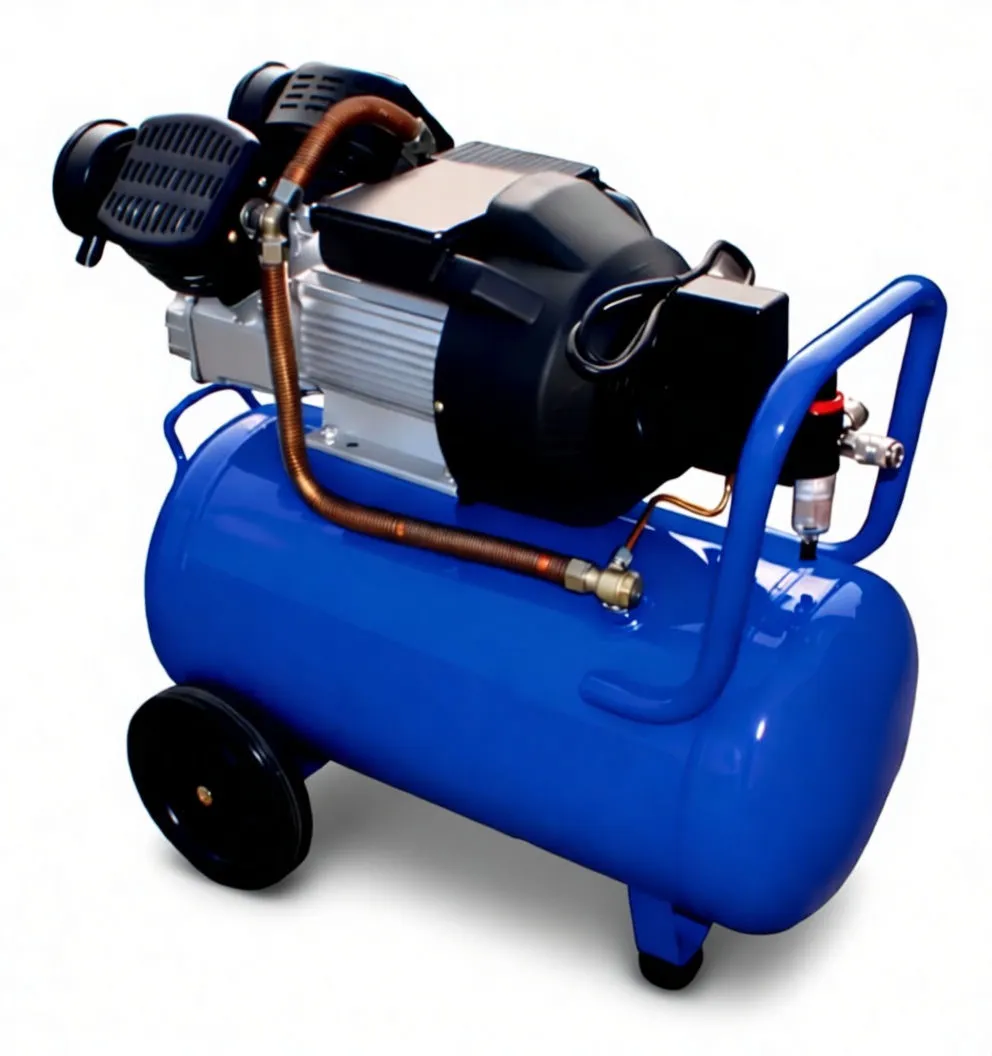 Front view of blue 50L compressor showing motor, round filter housings, QR code and front tank plate