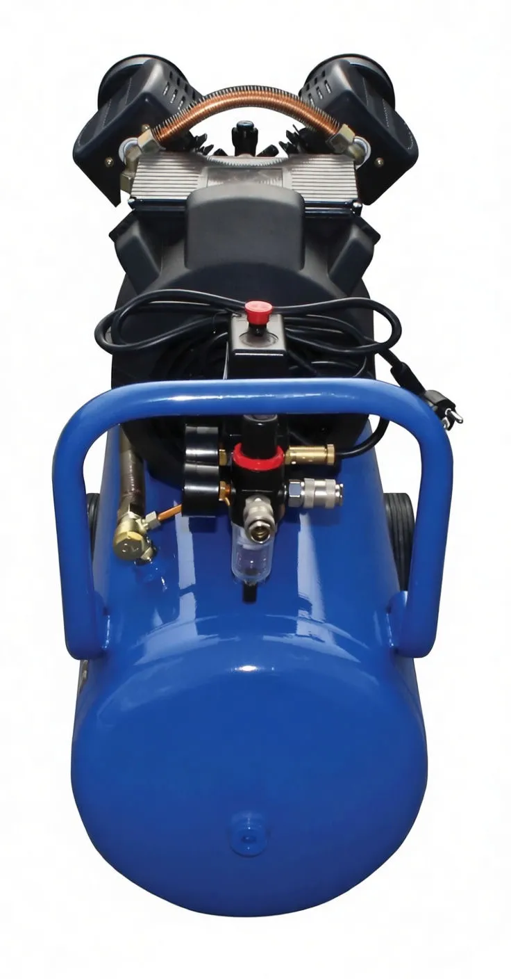 Top-front view showing twin cylinders, copper hose, regulator and control box on SaTra compressor