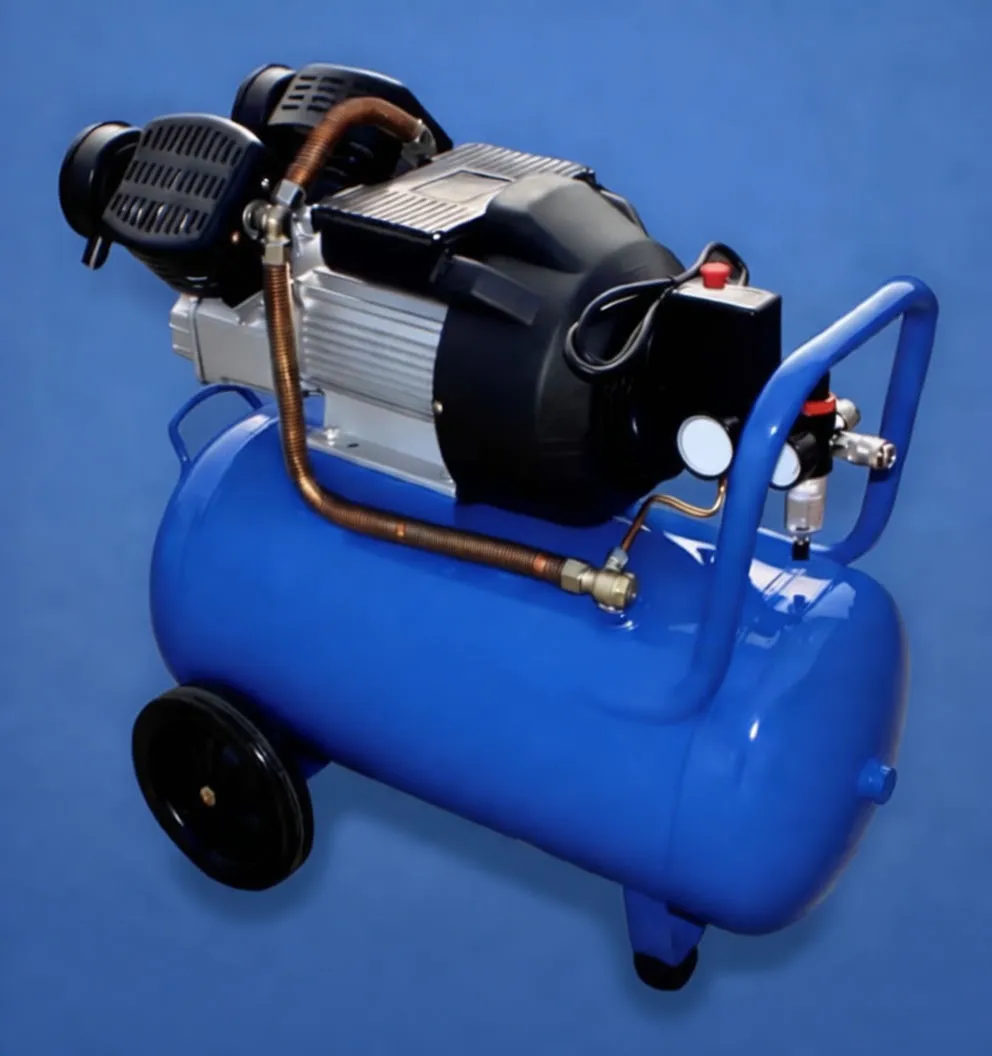 Rear-right view of compressor showing regulator, gauges, moisture trap, nameplate and handle