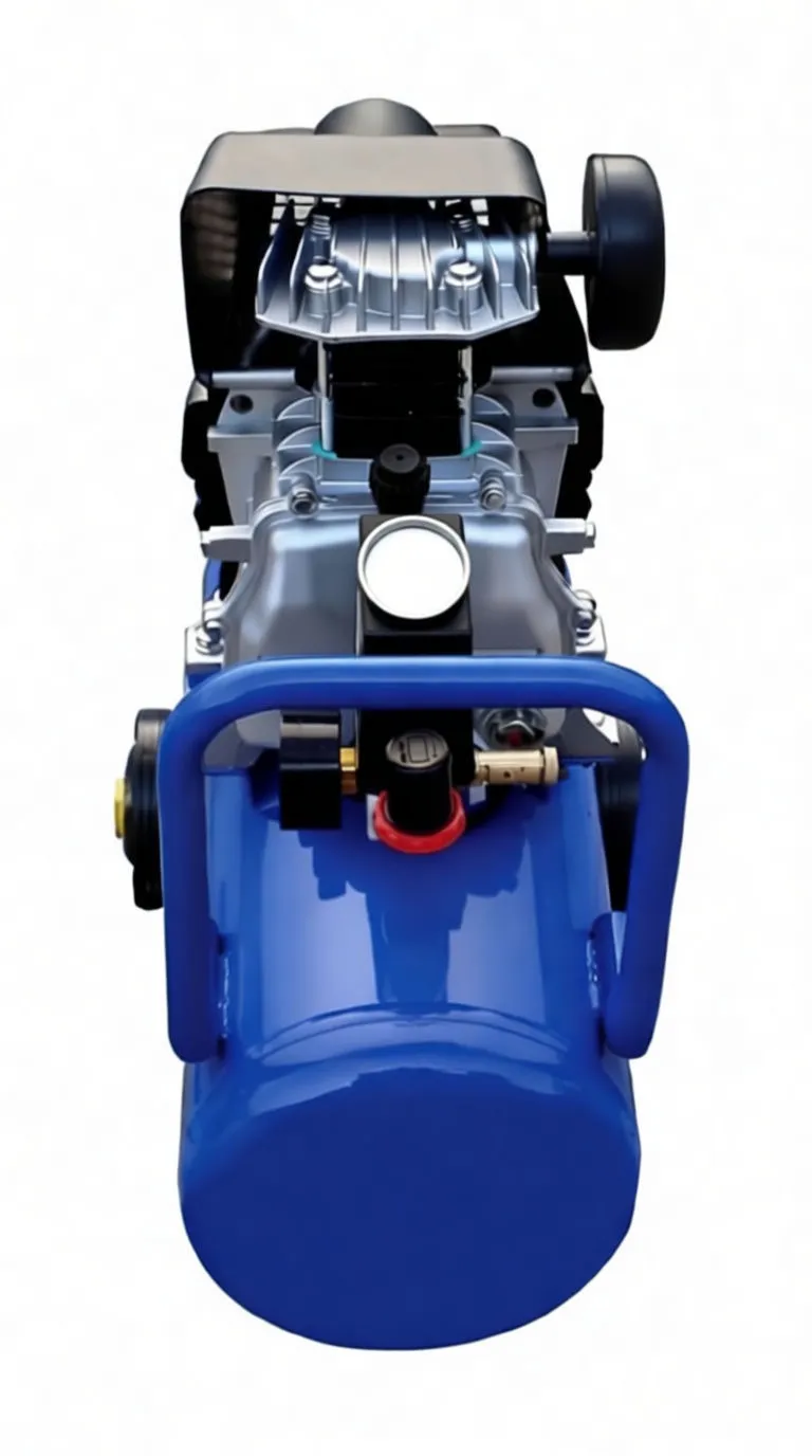 Detailed close-up of silver pump housing with cooling fins, oil/drain plug, tubing and caution sticker on blue tank