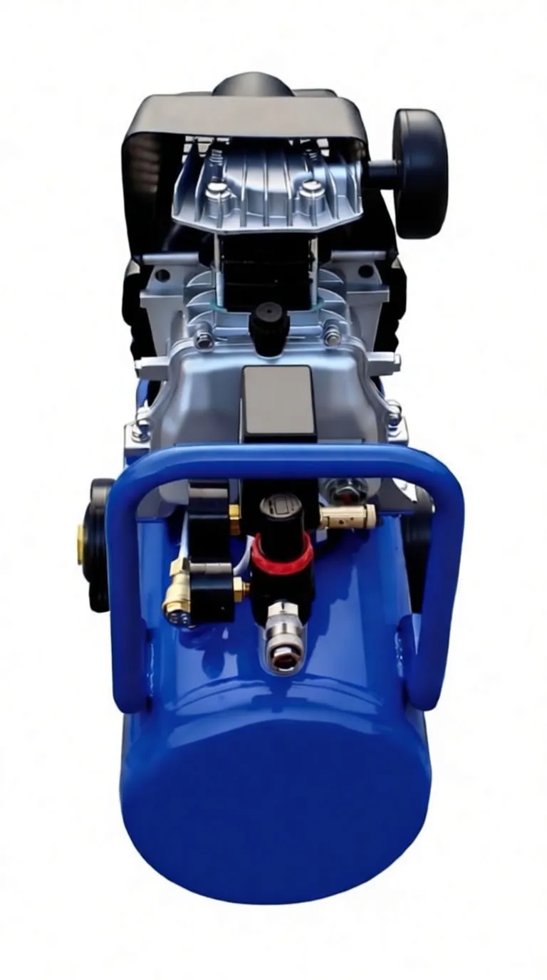 Rear-top view of compressor showing black motor shroud with vent and yellow warning label, handle and tank end cap