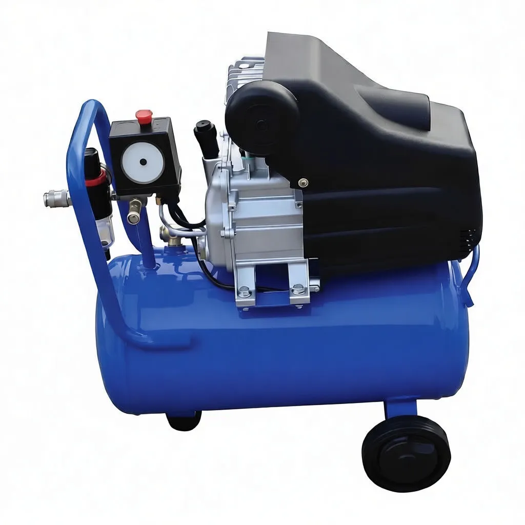 Close shot of compressor control cluster with pressure switch box, red stop button, two gauges, regulator knob and brass fittings