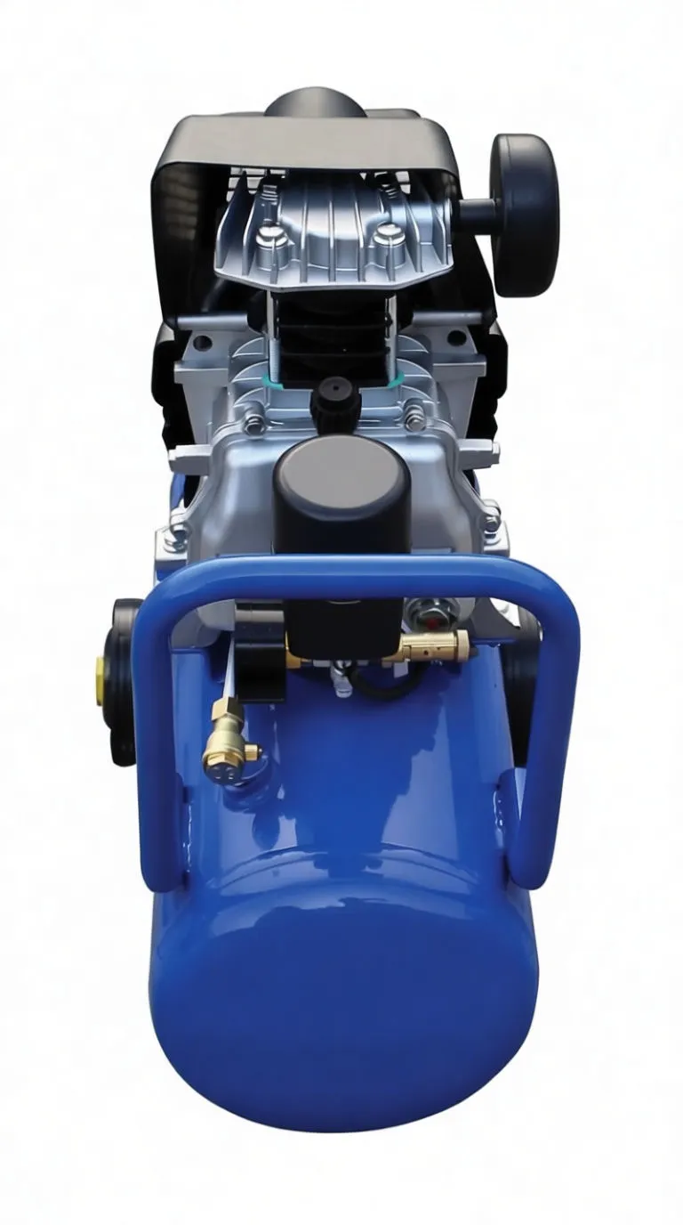 Top-front view of compressor showing blue handle, regulator, quick-connect coupling and metal data plate on tank end