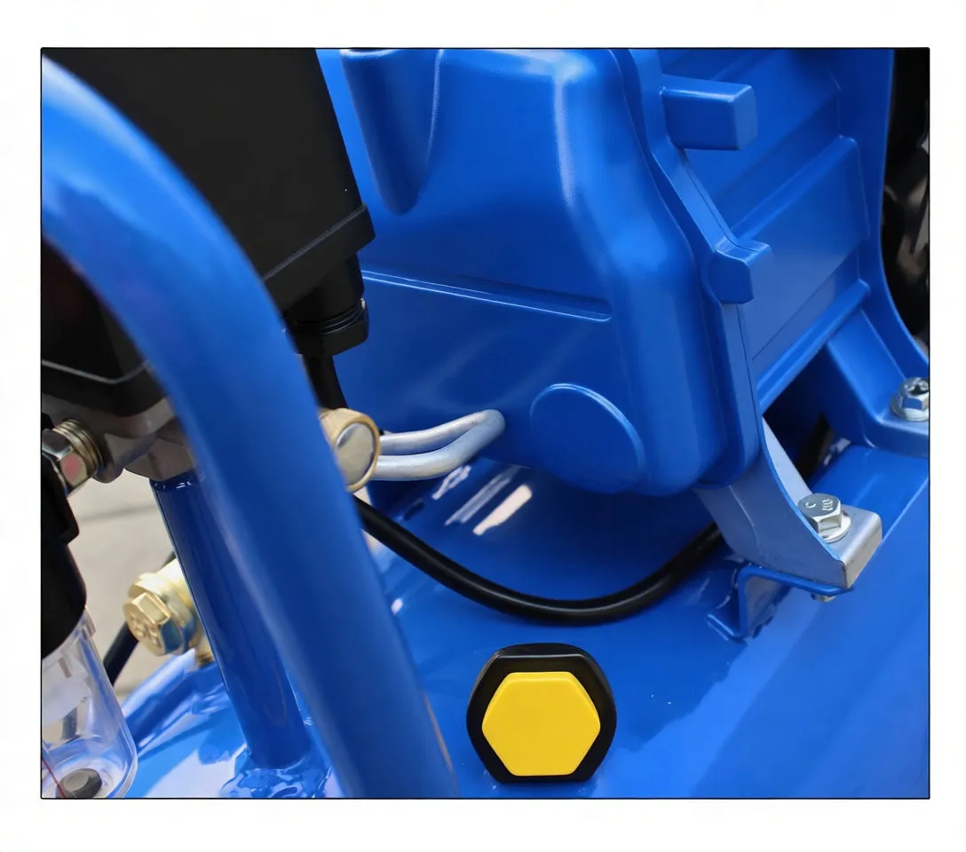 Close detail of compressor wheel with yellow center cap attached to blue tank support bracket and tank surface