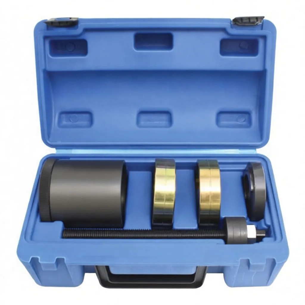 Angled perspective of dismantling tool set in blue plastic carry case with cylinder, adapter rings and threaded bolt