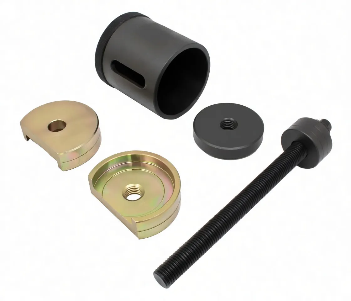 Tool parts laid out: black cylinder, two gold adapter halves, round black plate and long threaded rod