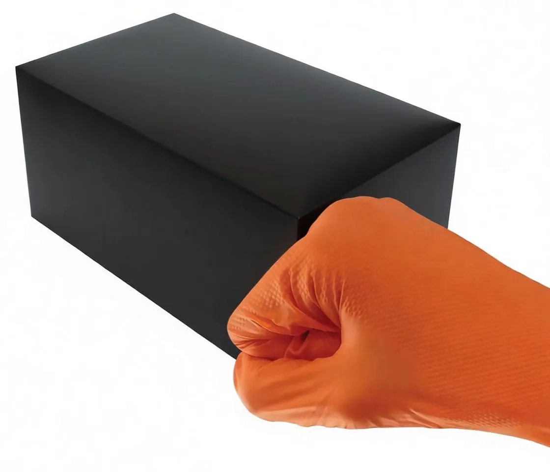 Angled view of saTra S-M9GYD black and orange box showing size M and 100 pieces, with pictograms of auto use