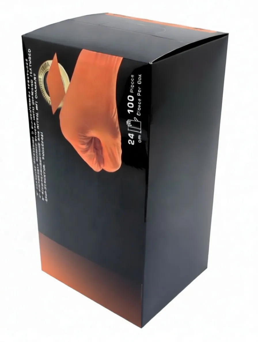 Tall SaTra S-S9GYD glove box showing image of orange glove and '100 Pieces' text